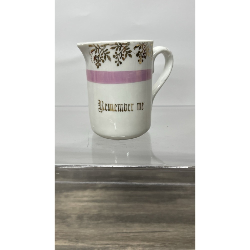 German Porcelain Remember Me Creamer Pitcher Pink Gold Leaf Antique Souvenir 3.5